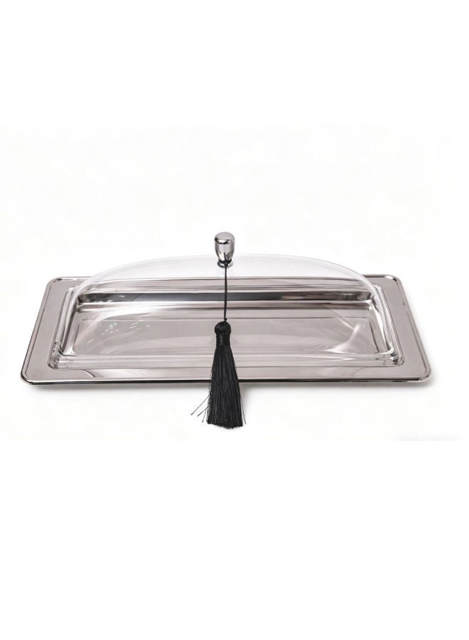 Trust Stainless Steel Rectangular Cake Serving Tray with Aclyric Lid Silver 42cm - Image 1