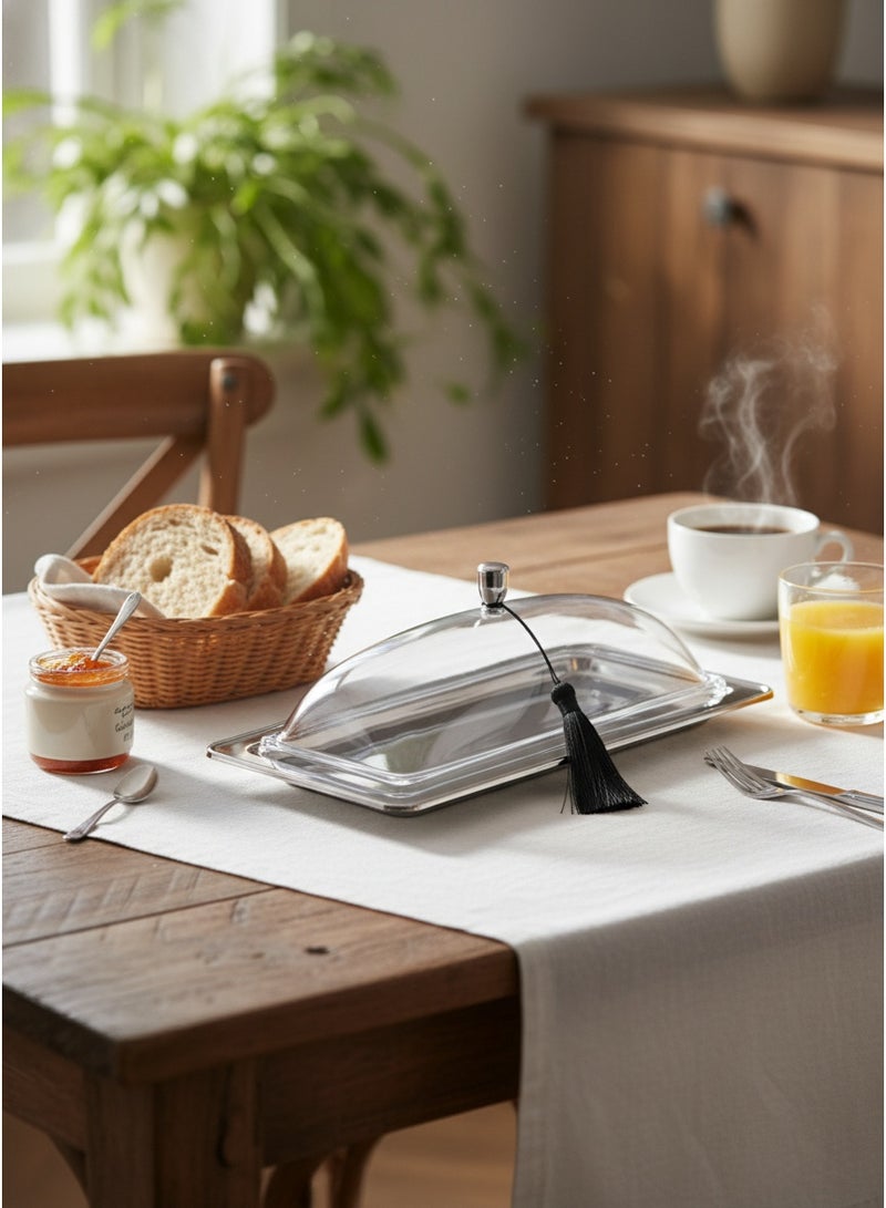 Trust Stainless Steel Rectangular Cake Serving Tray with Aclyric Lid Silver 42cm - Image 2