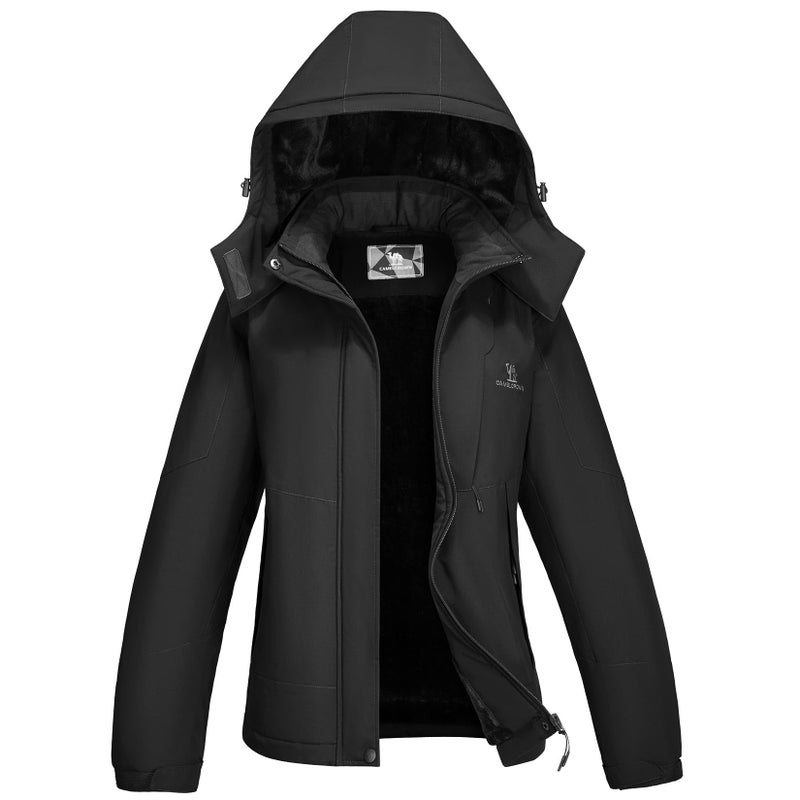 CAMEL CROWN Womens Winter Coat Waterproof Ski Jacket with Fleece Lining Windproof for Snow Rain Outdoor Hiking Mountain Black Large