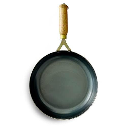 Kichera Iron Fry Pan with Wooden Handle 24cm/10 inch, 1.5Ltr, 1kg | Gas Stove and Induction Friendly | Pre-Seasoned Black Flat Sheet Metal Iron Traditional Frying Pan - Image 1