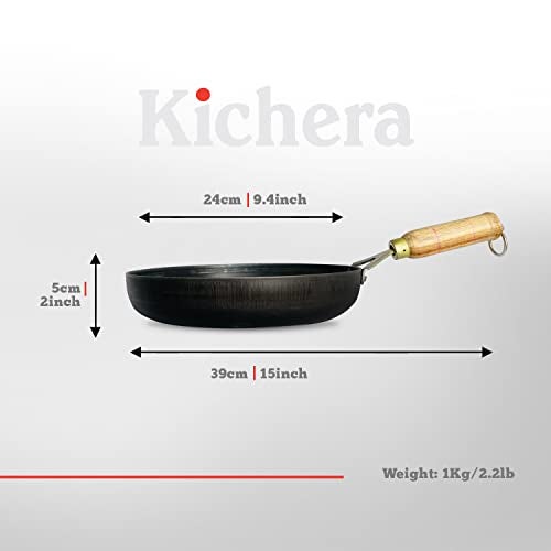 Kichera Iron Fry Pan with Wooden Handle 24cm/10 inch, 1.5Ltr, 1kg | Gas Stove and Induction Friendly | Pre-Seasoned Black Flat Sheet Metal Iron Traditional Frying Pan - Image 2