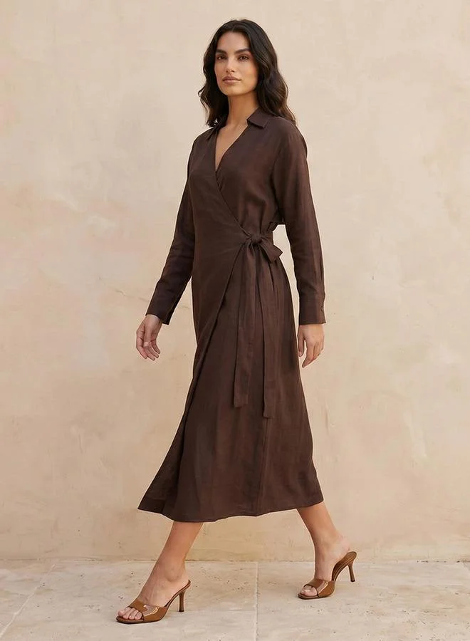 Iconic dark brown WRAP LONG DRESS for Women | Best Price UAE
