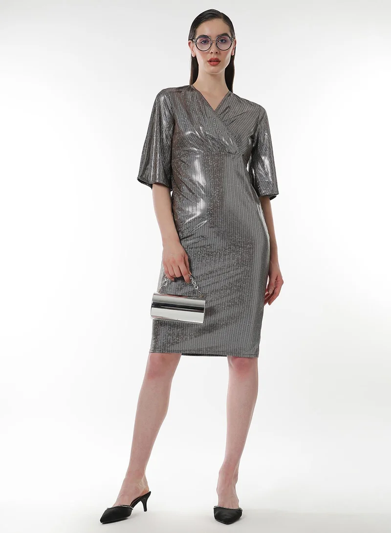 PINACOLADA Women's Antique Silver Metallic-Chevron Wrap Dress For Casual Wear | V Neck | Quarter Regular Sleeves | Pull On Closure | Dress Designed With Comfortable Fit For Woman & Girls