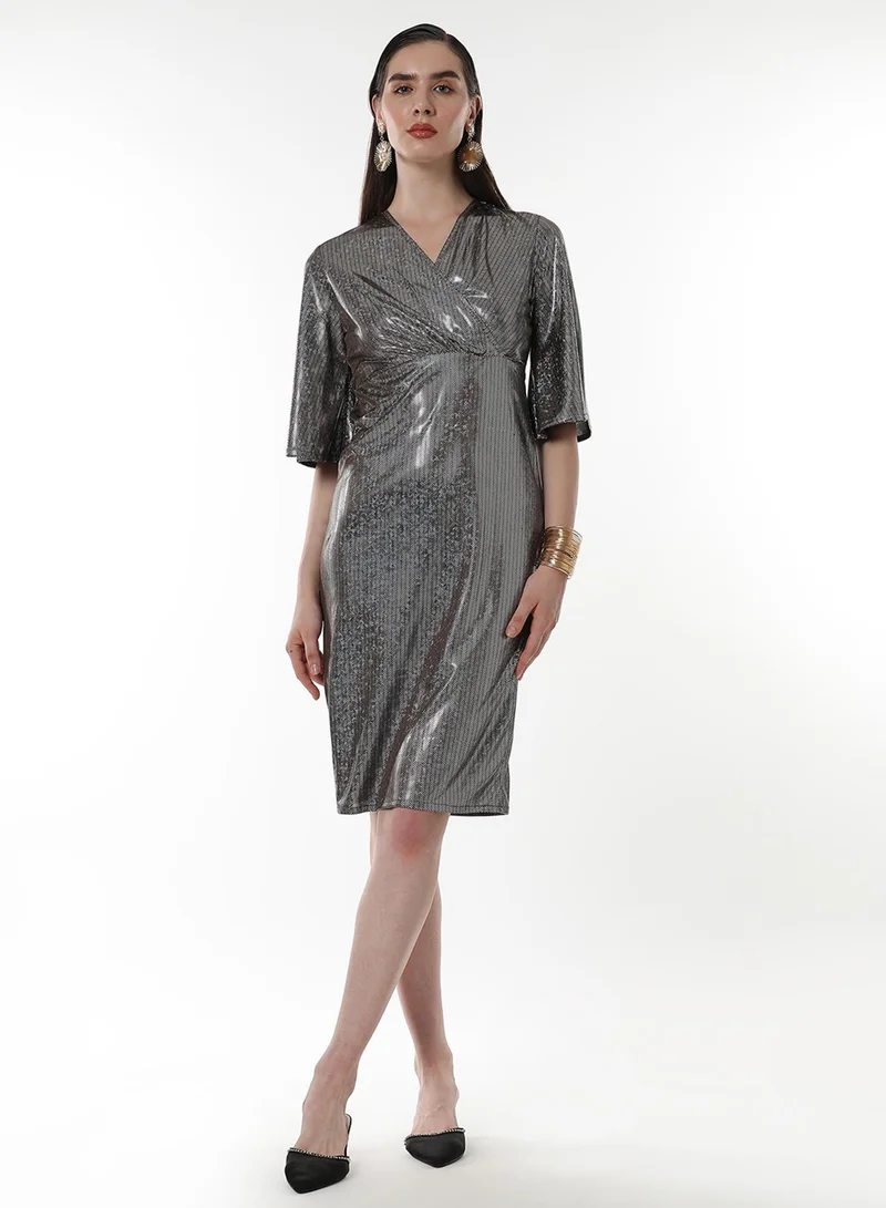 PINACOLADA Women's Antique Silver Metallic-Chevron Wrap Dress For Casual Wear | V Neck | Quarter Regular Sleeves | Pull On Closure | Dress Designed With Comfortable Fit For Woman & Girls
