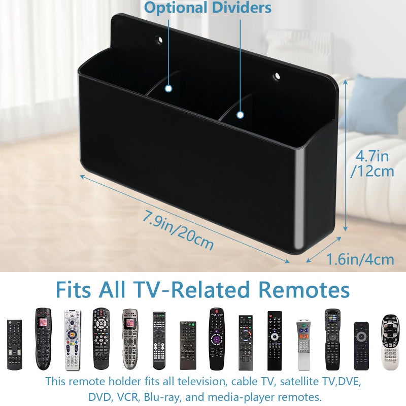SIBRANT 3 Slot Adjustable Remote Control Holder Wall Mount, TV Remote Box Hollow Bottom Slot Easy Phone Charging, Self Adhesive Remote Holder,Wall Pen Holder Storage Accessories for Home Office School (Black) - Image 2