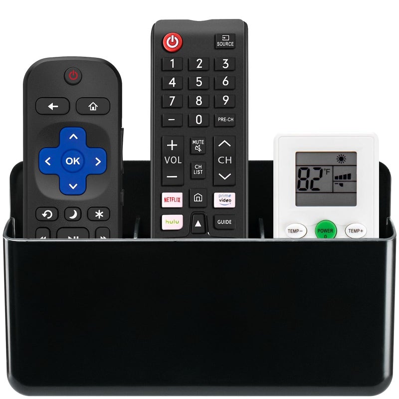 SIBRANT 3 Slot Adjustable Remote Control Holder Wall Mount, TV Remote Box Hollow Bottom Slot Easy Phone Charging, Self Adhesive Remote Holder,Wall Pen Holder Storage Accessories for Home Office School (Black) - Image 1