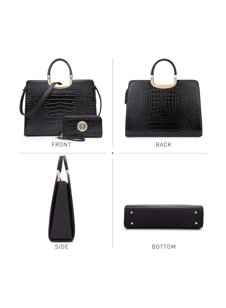 DASEIN Womens Handbag Top Handle Shoulder Bag Tote Satchel Purse Work Bag with Matching Wallet (2-Croco Black) Large - Image 2