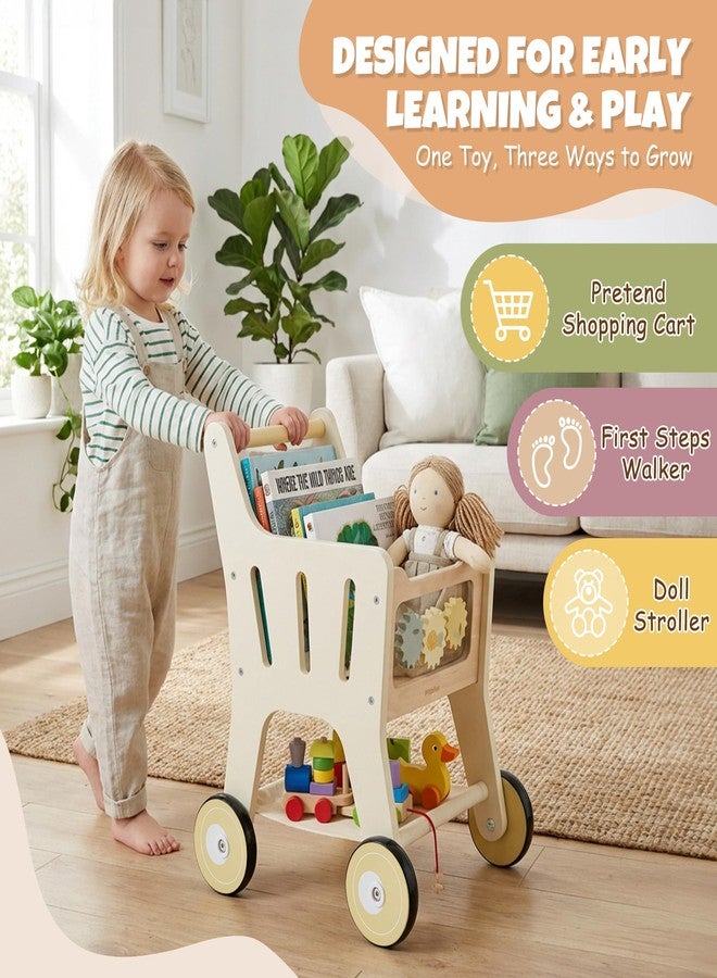 Pithfor Wooden Shopping Cart for Kids, 3 in 1 Wooden Baby Push Walker, Baby Doll Stroller, Toy Shopping Cart for Toddlers 1-3 - Image 2