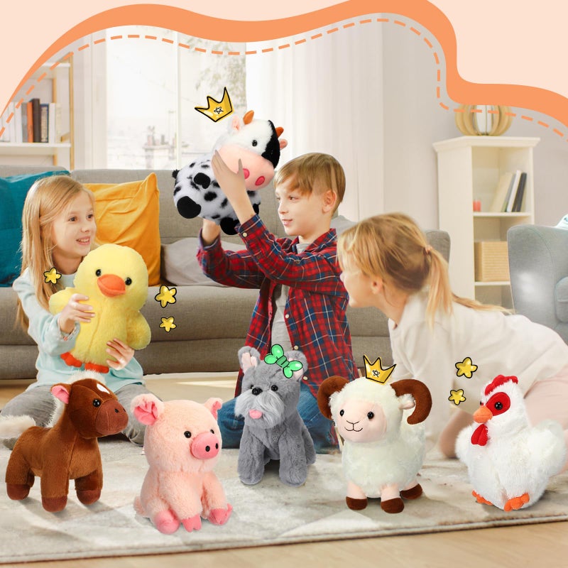 HI-BOOM Hiboom 7 Pack Farm Stuffed Plush Animals Toys Set 8 Inch Barnyard Stuffed Animals Bulk Soft Pig Rooster Horse Duck Sheep Cow Dog Toy Gifts for Birthday Party Favor Supplies Operation Christmas Items - Image 5