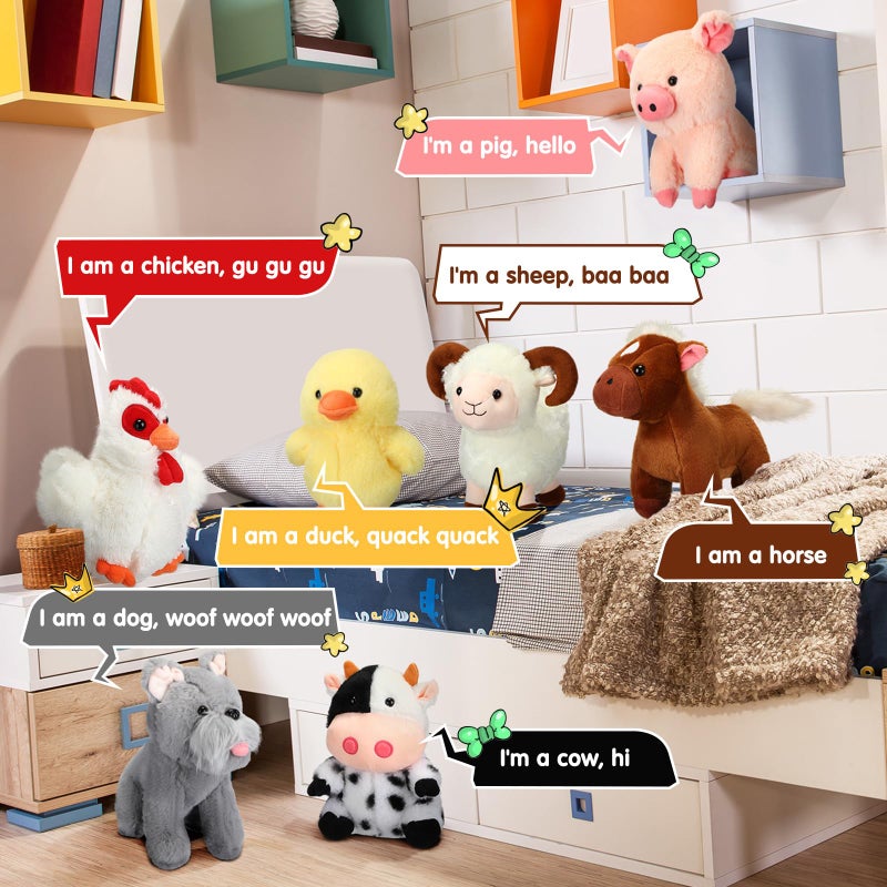 HI-BOOM Hiboom 7 Pack Farm Stuffed Plush Animals Toys Set 8 Inch Barnyard Stuffed Animals Bulk Soft Pig Rooster Horse Duck Sheep Cow Dog Toy Gifts for Birthday Party Favor Supplies Operation Christmas Items - Image 4