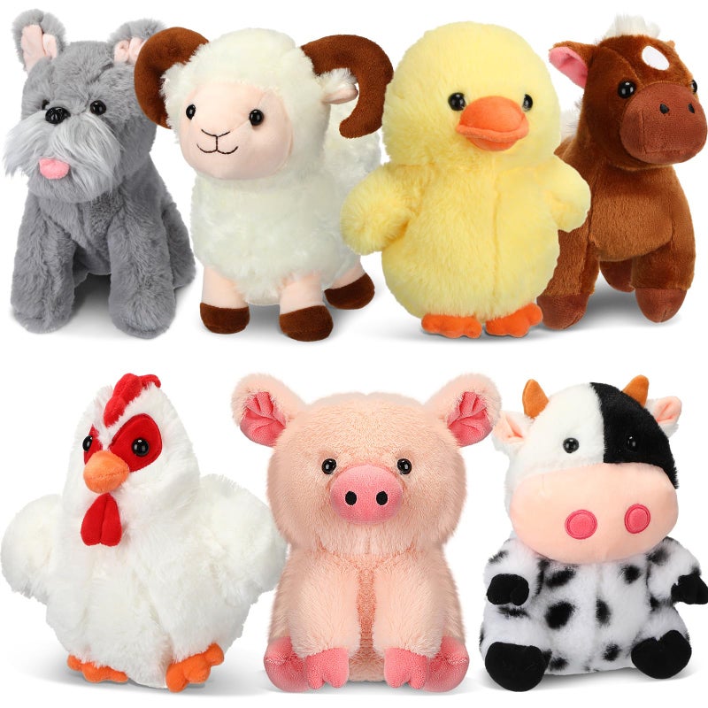 HI-BOOM Hiboom 7 Pack Farm Stuffed Plush Animals Toys Set 8 Inch Barnyard Stuffed Animals Bulk Soft Pig Rooster Horse Duck Sheep Cow Dog Toy Gifts for Birthday Party Favor Supplies Operation Christmas Items - Image 1
