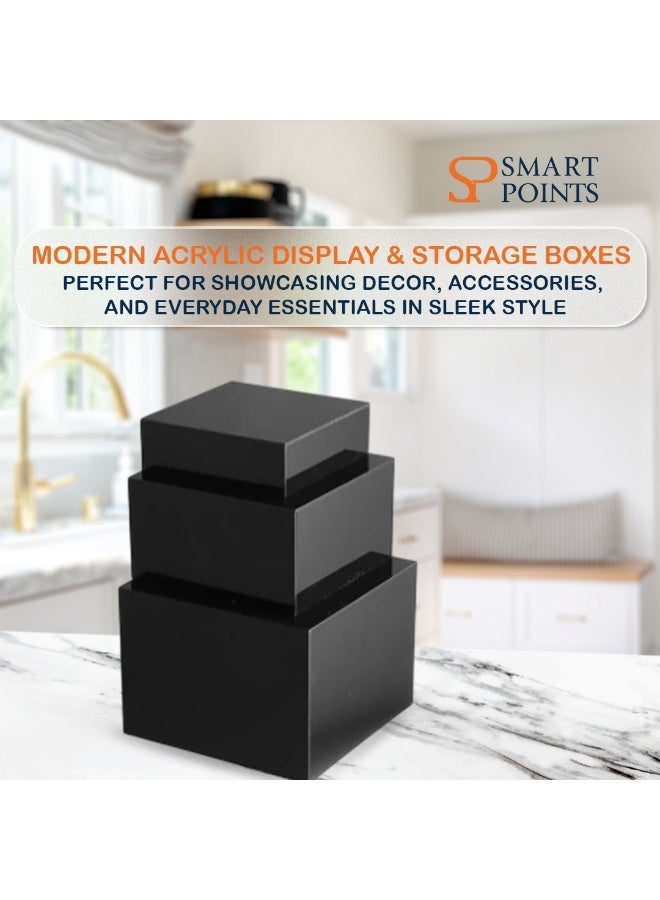 "سمارت بوينتس  " طقم صناديق عرض أكريليك أسود (3 قطع) – قواعد عرض وتخزين متعددة الاستخدامات للمنازل والمكاتب والفعاليات والمتاجر – تصميم فاخر قابل للتكديس - Image 5