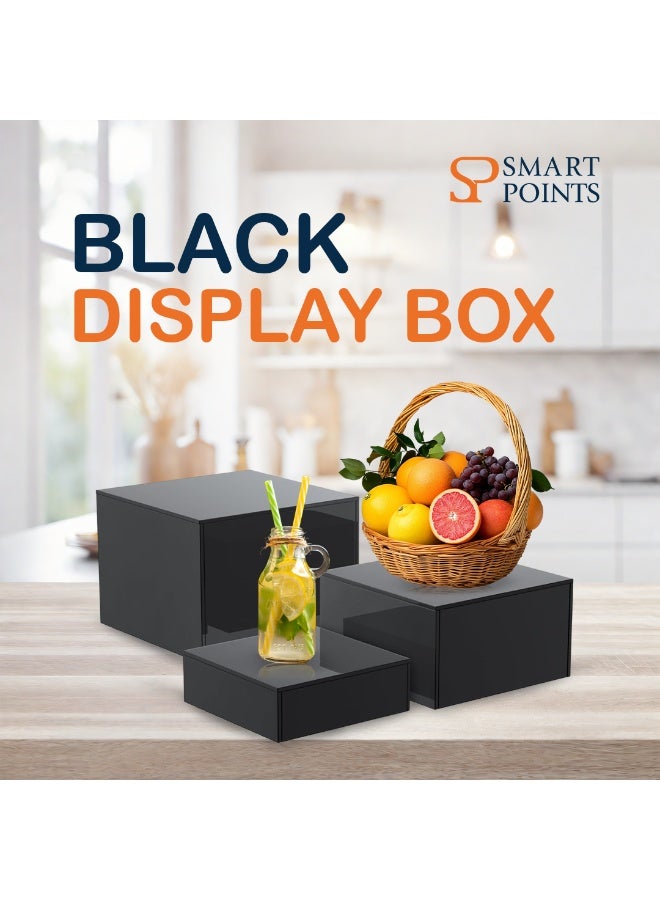 "سمارت بوينتس  " طقم صناديق عرض أكريليك أسود (3 قطع) – قواعد عرض وتخزين متعددة الاستخدامات للمنازل والمكاتب والفعاليات والمتاجر – تصميم فاخر قابل للتكديس - Image 2