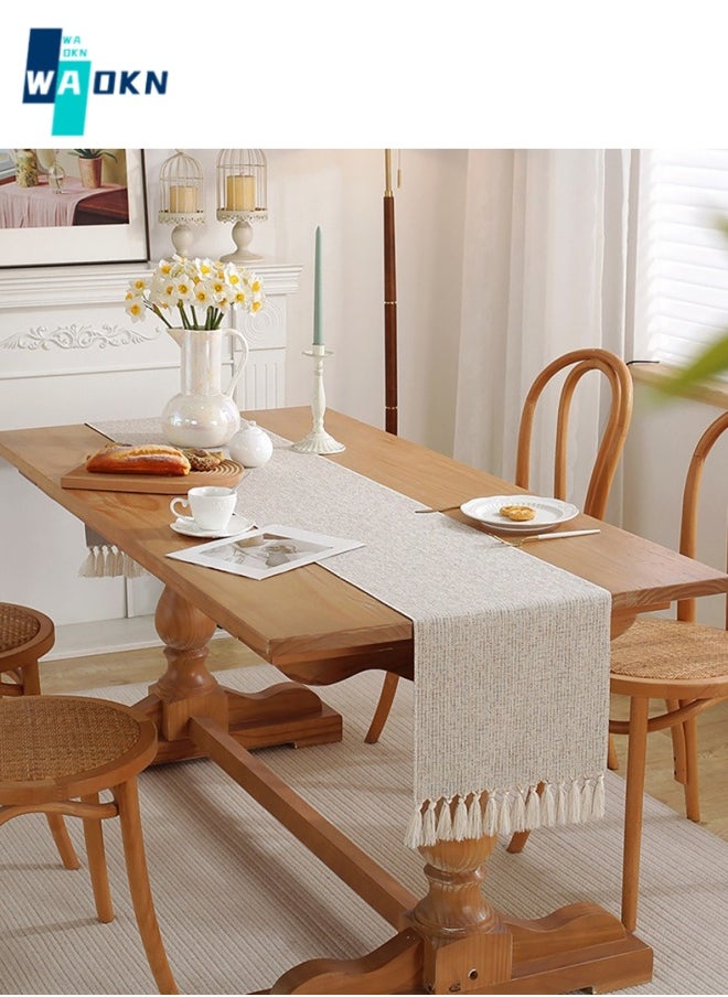 WAOKN Solid Polyester and Cotton Table Runner, Farmhouse Style Hand-fringed Table Top Protection, Rustic Patchwork Tablecloth, Suitable for Wedding, Home and Table Decor 33 x 183 cm  - Image 2