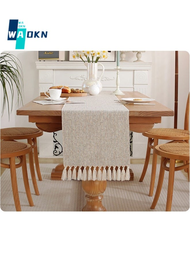 WAOKN Solid Polyester and Cotton Table Runner, Farmhouse Style Hand-fringed Table Top Protection, Rustic Patchwork Tablecloth, Suitable for Wedding, Home and Table Decor 33 x 183 cm  - Image 3
