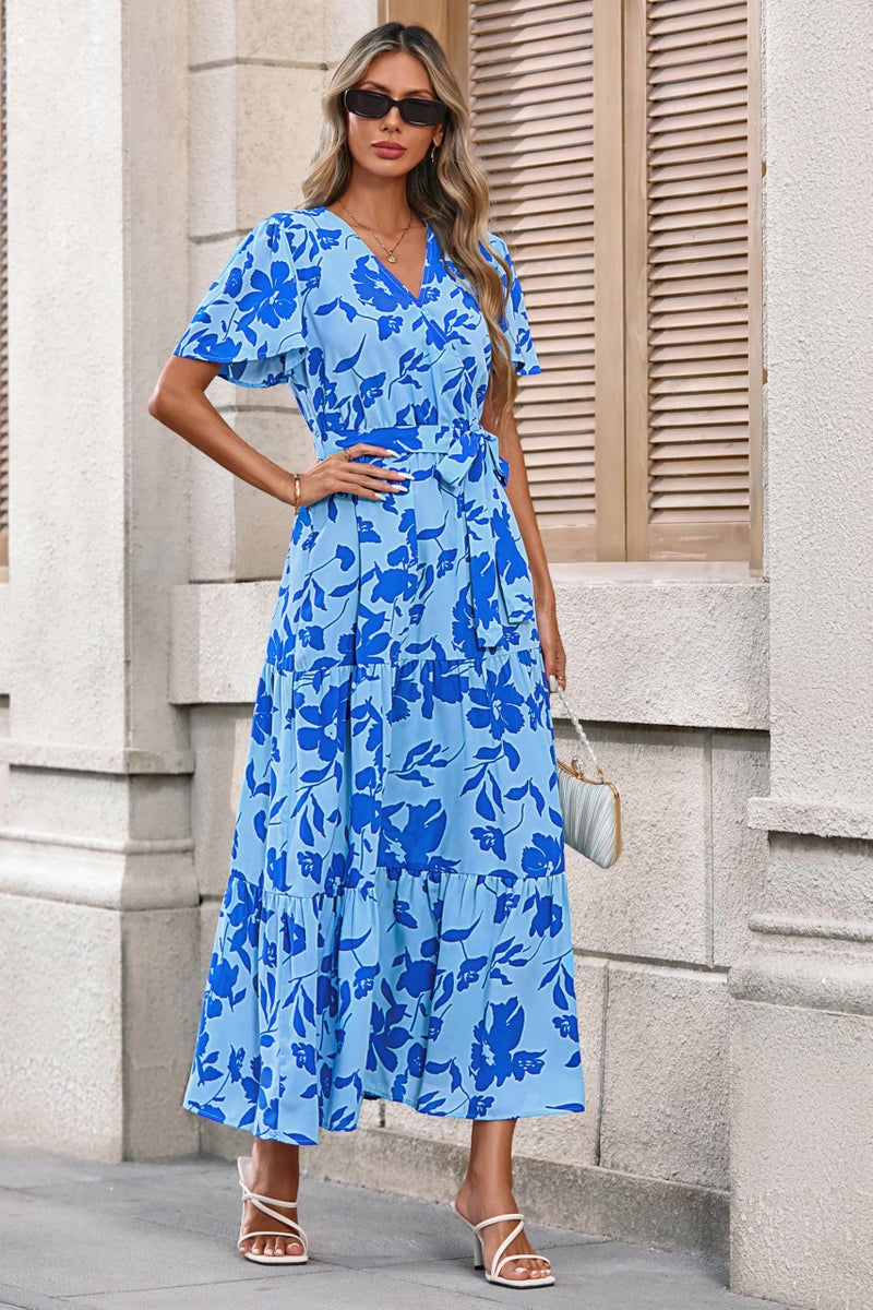 MASCOMODA Womens Summer Boho Maxi Dress Floral Wrap V Neck Flutter Short Sleeve Tie Waist A Line Tiered Flowy Long Dresses(Blue Floral,Medium) - Image 4