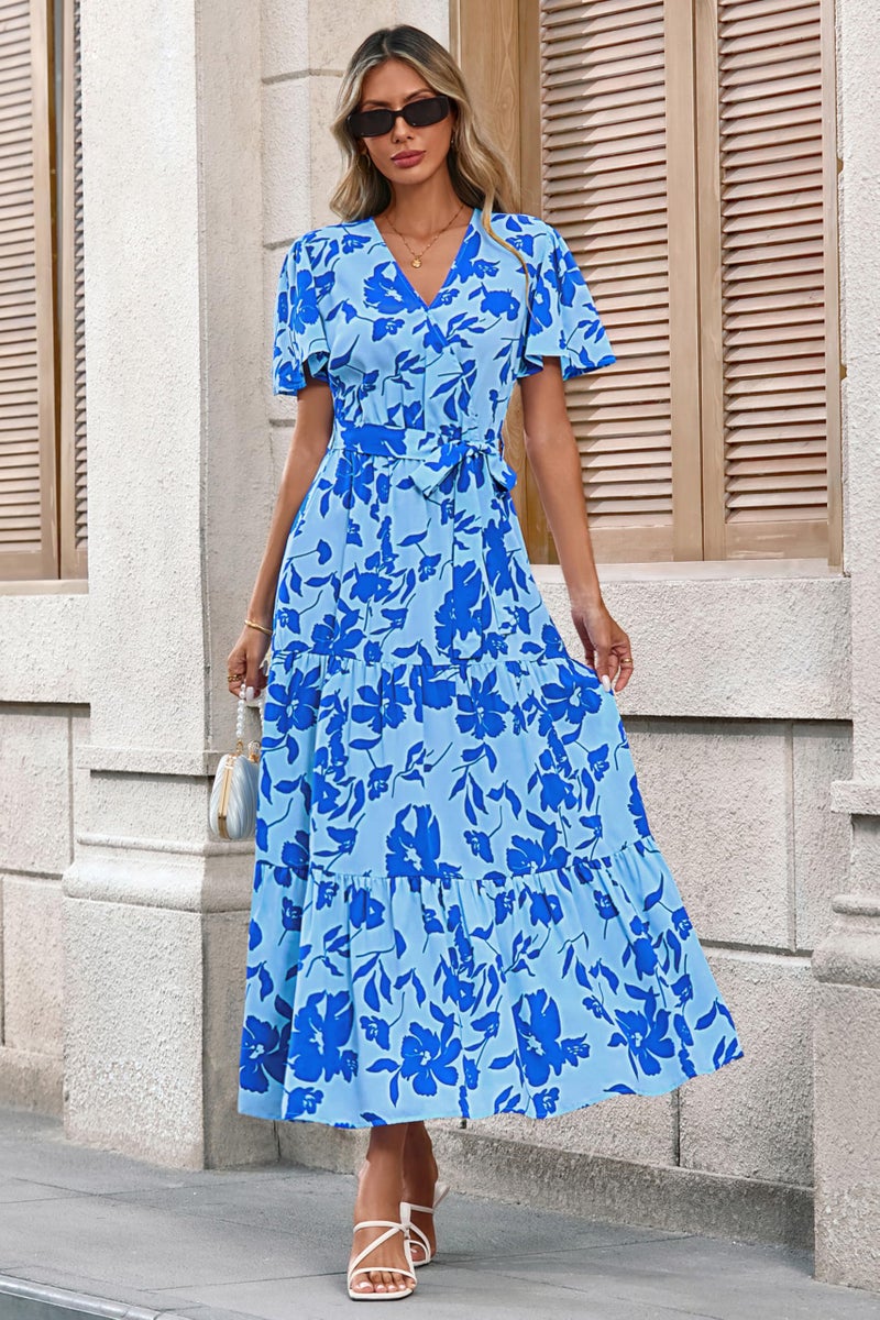 MASCOMODA Womens Summer Boho Maxi Dress Floral Wrap V Neck Flutter Short Sleeve Tie Waist A Line Tiered Flowy Long Dresses(Blue Floral,Medium) - Image 5