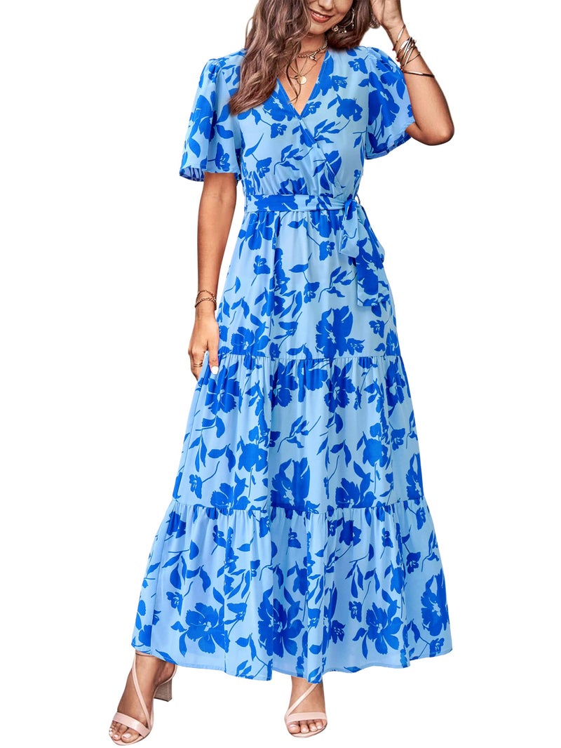 MASCOMODA Womens Summer Boho Maxi Dress Floral Wrap V Neck Flutter Short Sleeve Tie Waist A Line Tiered Flowy Long Dresses(Blue Floral,Medium) - Image 1