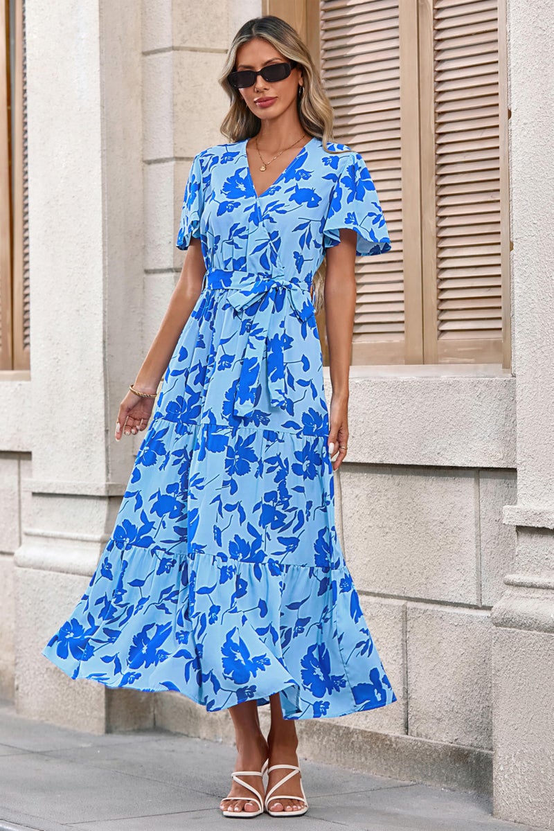 MASCOMODA Womens Summer Boho Maxi Dress Floral Wrap V Neck Flutter Short Sleeve Tie Waist A Line Tiered Flowy Long Dresses(Blue Floral,Medium) - Image 2