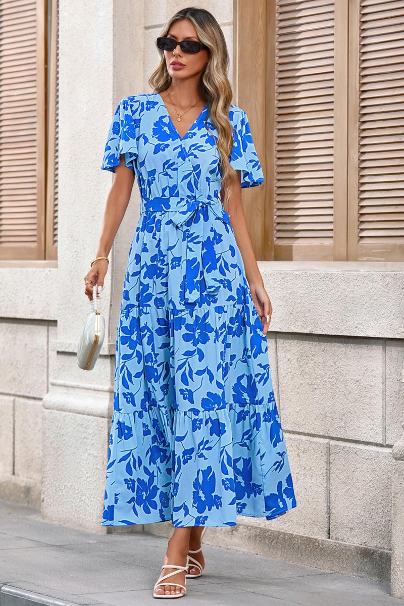 MASCOMODA Womens Summer Boho Maxi Dress Floral Wrap V Neck Flutter Short Sleeve Tie Waist A Line Tiered Flowy Long Dresses(Blue Floral,Medium) - Image 3