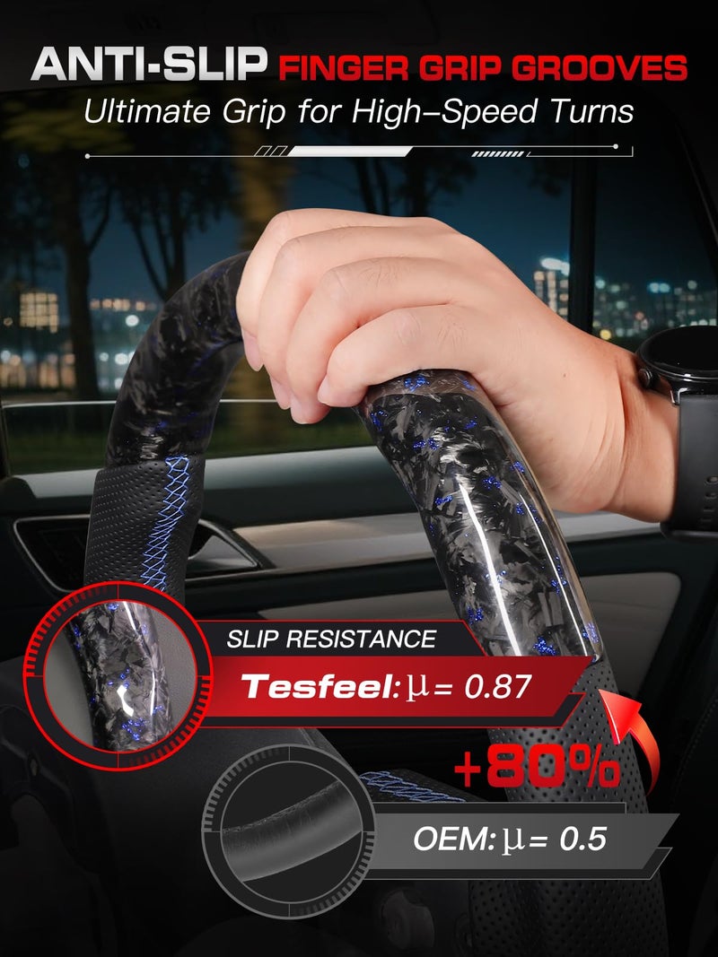 Tesfeel Forged Carbon Fiber Steering Wheel for Dodge Challenger/Charger 2015-2024, Blue Foil Accents with Trim Cover, Flat-Bottom D-Shape Design, Blue Stitching & Center Stripe - Image 4