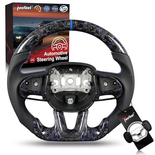 Tesfeel Forged Carbon Fiber Steering Wheel for Dodge Challenger/Charger 2015-2024, Blue Foil Accents with Trim Cover, Flat-Bottom D-Shape Design, Blue Stitching & Center Stripe - Image 1