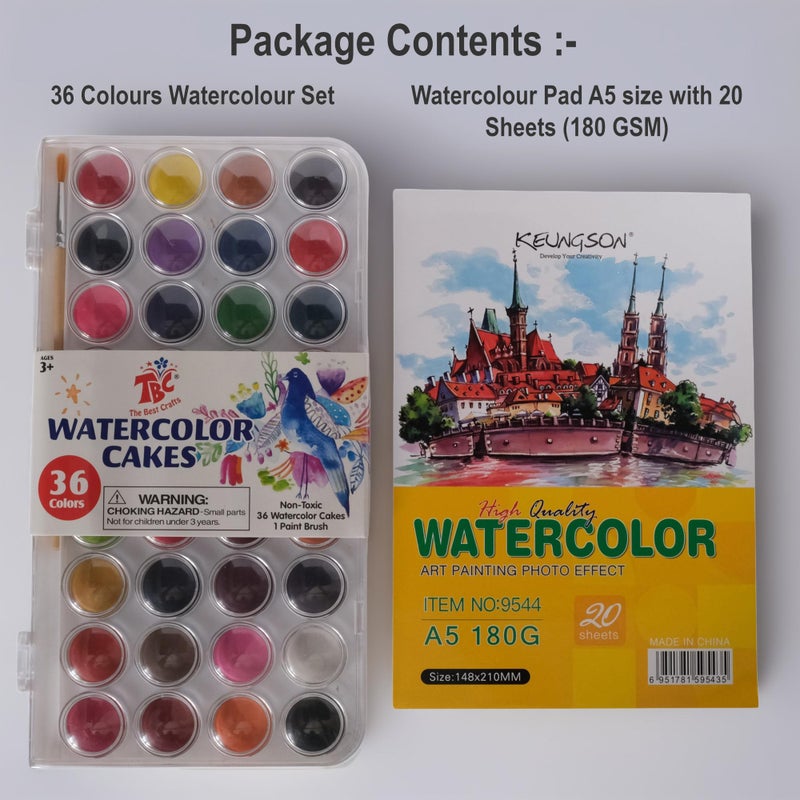 STORE 2508 Store2508 Combo of 36 Colours Portable Travel Watercolour Cake Pan Paint Set with Brush with Watercolour Pad - Image 2