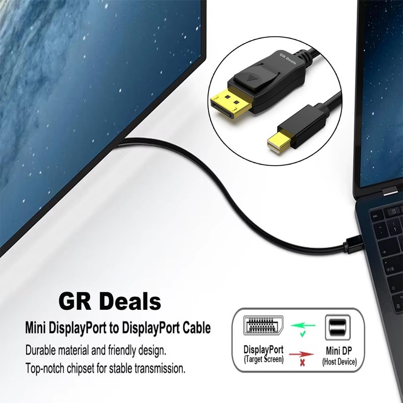 GR Deals كابل Mini DisplayPort إلى DisplayPort بطول 6.6 قدم، كابل Mini DP إلى DP ثنائي الاتجاه 4K@60Hz، [متوافق مع Thunderbolt 2] مطلي بالذهب للكمبيوتر، سطح المكتب، اللابتوب إلخ. (أسود) (1.8 م) - Image 2