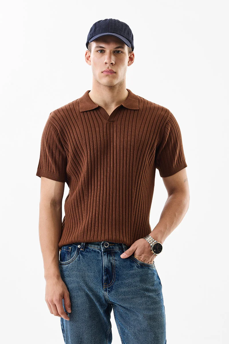 SNITCH Slim Fit Cotton Knitted Brown Polo T-Shirt