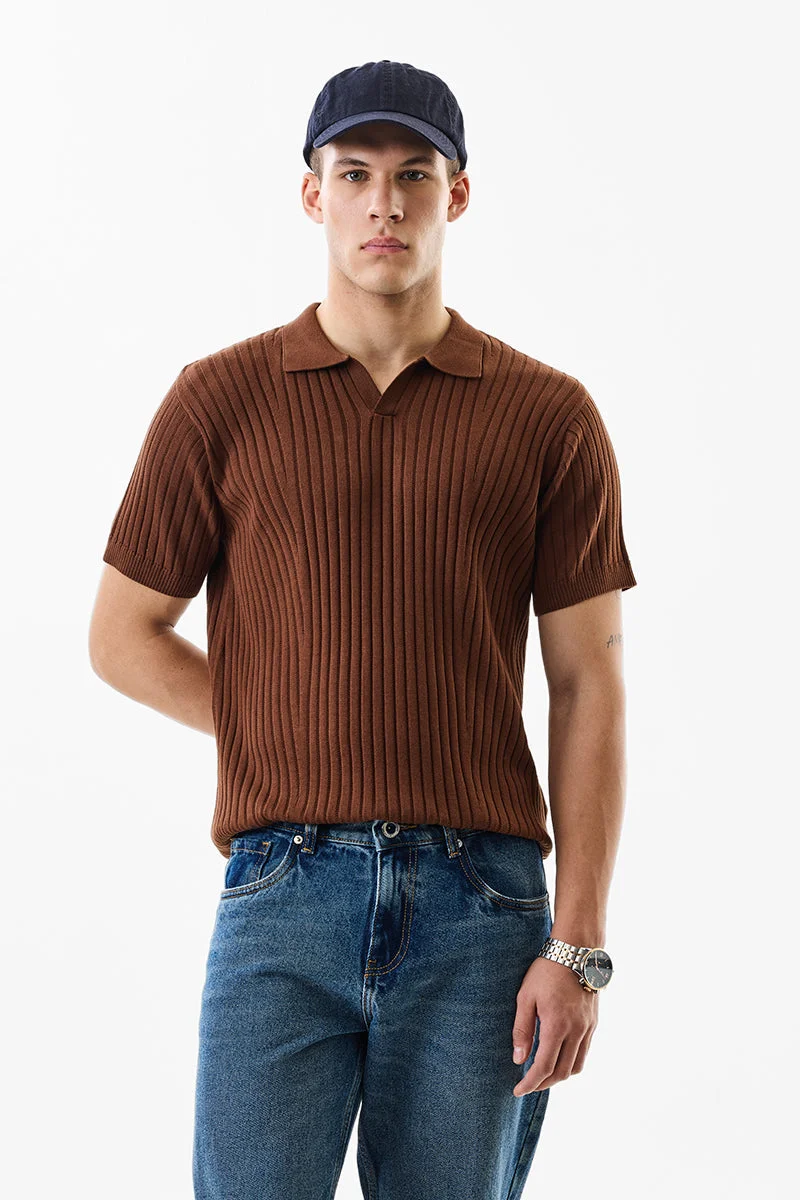 SNITCH Slim Fit Cotton Knitted Brown Polo T-Shirt