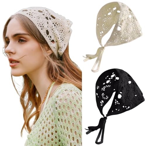 Indusoire 2 Pcs Head Scarf for Women, Crochet Headband for Women,Scarf, Stylish Hair Scarf for Women, Lightweight Lace Headwrap for Outdoor Activities - Image 1