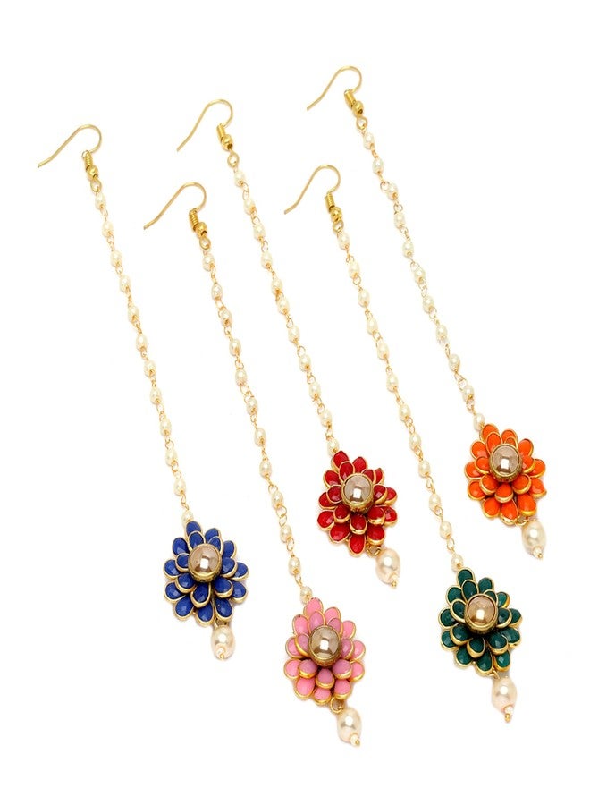 KENNICE Gold-Plated Pink-Green-Orange-Red-Blue AD with Pearls studded Flower Shaped MaangTikka For Women & Girls - Image 2