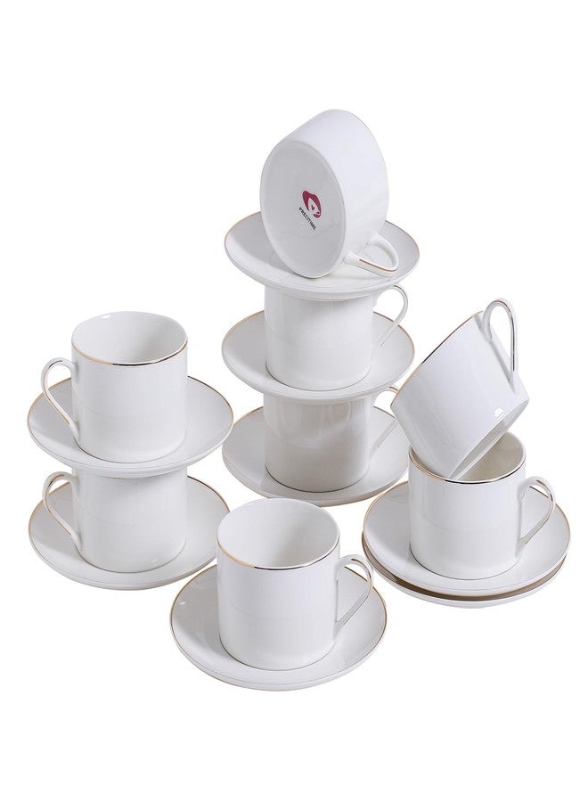PRECITIME Classic White Porcelain 6.6oz Tea Cup and Saucer Set - 8 pieces cups and Saucers Set with gold trim, Elegant and Versatile for Daily Use, Gift - Image 1