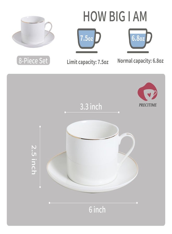 PRECITIME Classic White Porcelain 6.6oz Tea Cup and Saucer Set - 8 pieces cups and Saucers Set with gold trim, Elegant and Versatile for Daily Use, Gift - Image 2