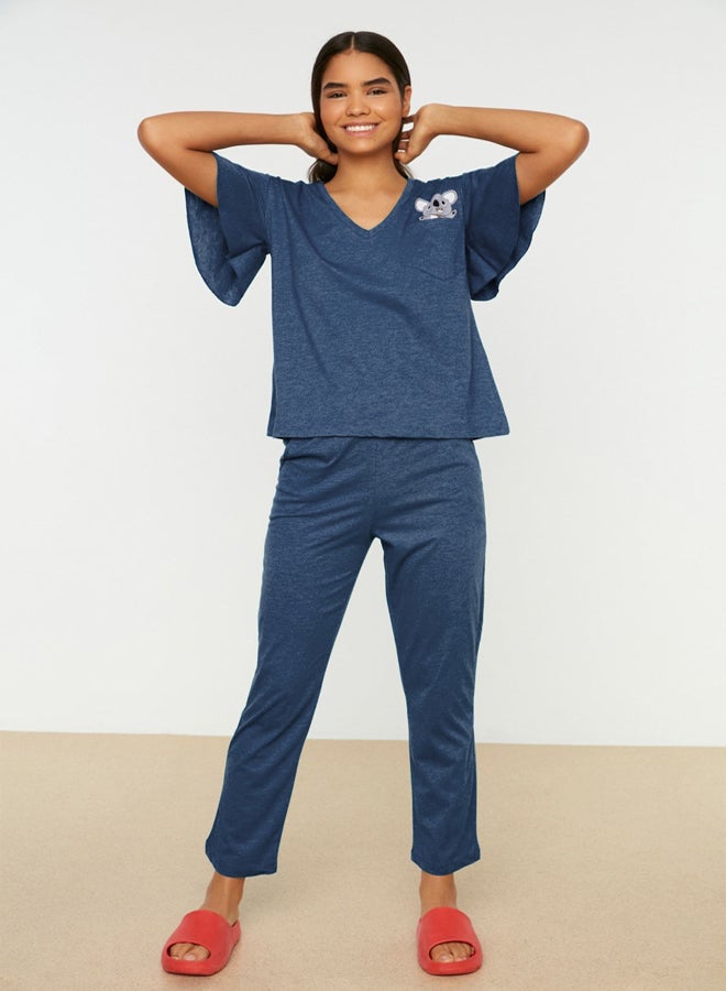 trendyol Petrol Cotton Koala Printed Sleeve Flounce Detail T-shirt-Pants Knitted Pajamas Set THMSS20PT0172  - Image 1