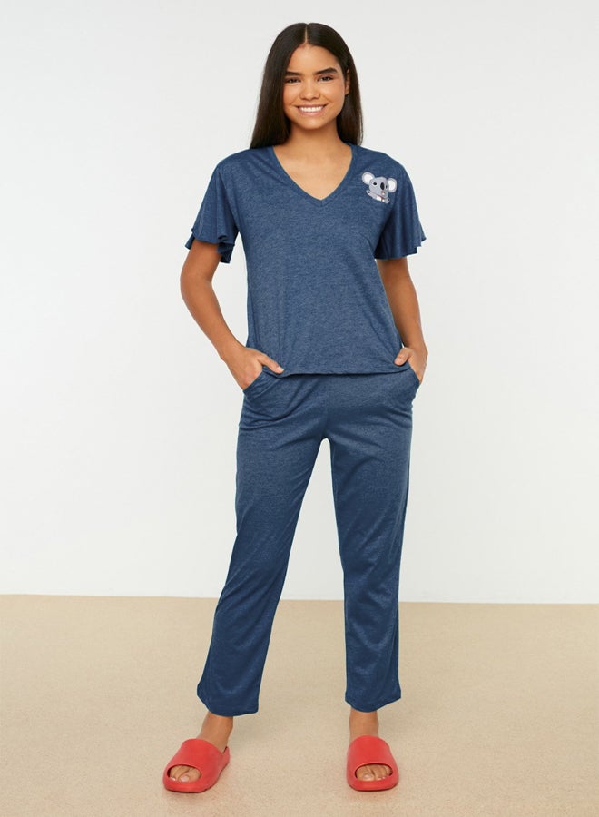 trendyol Petrol Cotton Koala Printed Sleeve Flounce Detail T-shirt-Pants Knitted Pajamas Set THMSS20PT0172  - Image 5