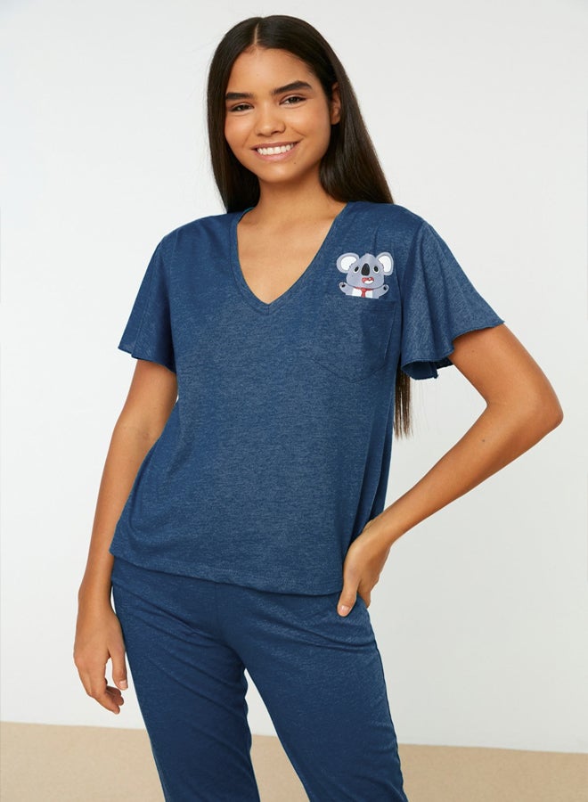 trendyol Petrol Cotton Koala Printed Sleeve Flounce Detail T-shirt-Pants Knitted Pajamas Set THMSS20PT0172  - Image 2