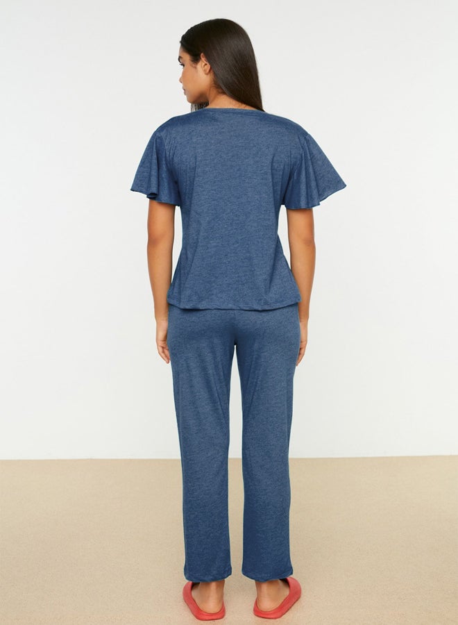 trendyol Petrol Cotton Koala Printed Sleeve Flounce Detail T-shirt-Pants Knitted Pajamas Set THMSS20PT0172  - Image 4