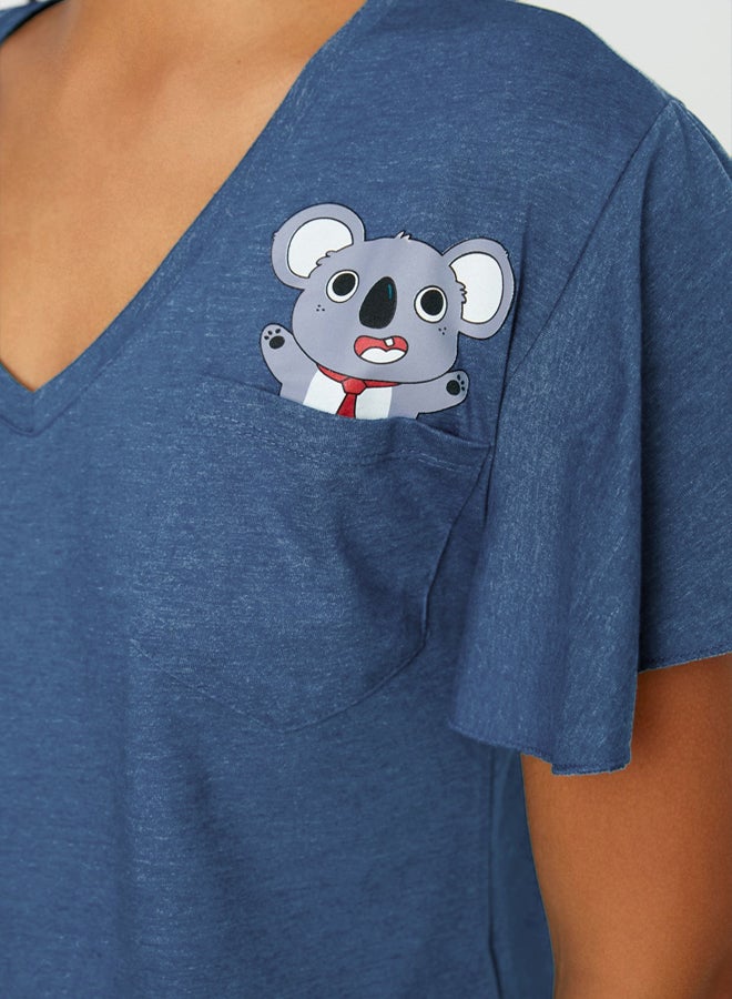 trendyol Petrol Cotton Koala Printed Sleeve Flounce Detail T-shirt-Pants Knitted Pajamas Set THMSS20PT0172  - Image 3