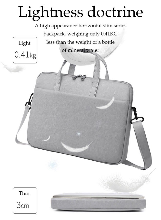 DUNISO Laptop bag, waterproof PU shoulder bag, suede lined storage bag，with handle and trolley box strap, scratch resistant, anti collision, and drop resistant, suitable for 14 inch laptops, grey - Image 4