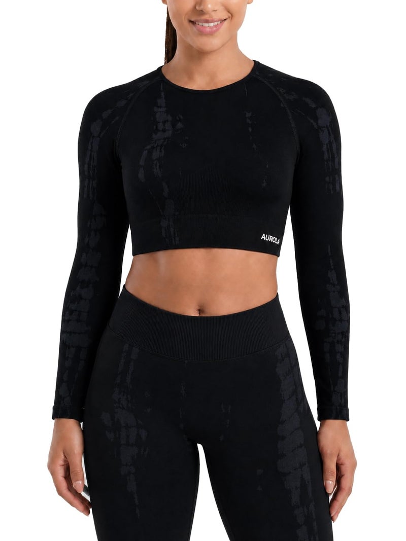 AUROLA Serpent Snake Long Sleeve Shirts for Women Seamless Workout Crop Tops Crew Neck Cropped T Shirt Athletic YogaBlackM - Image 2