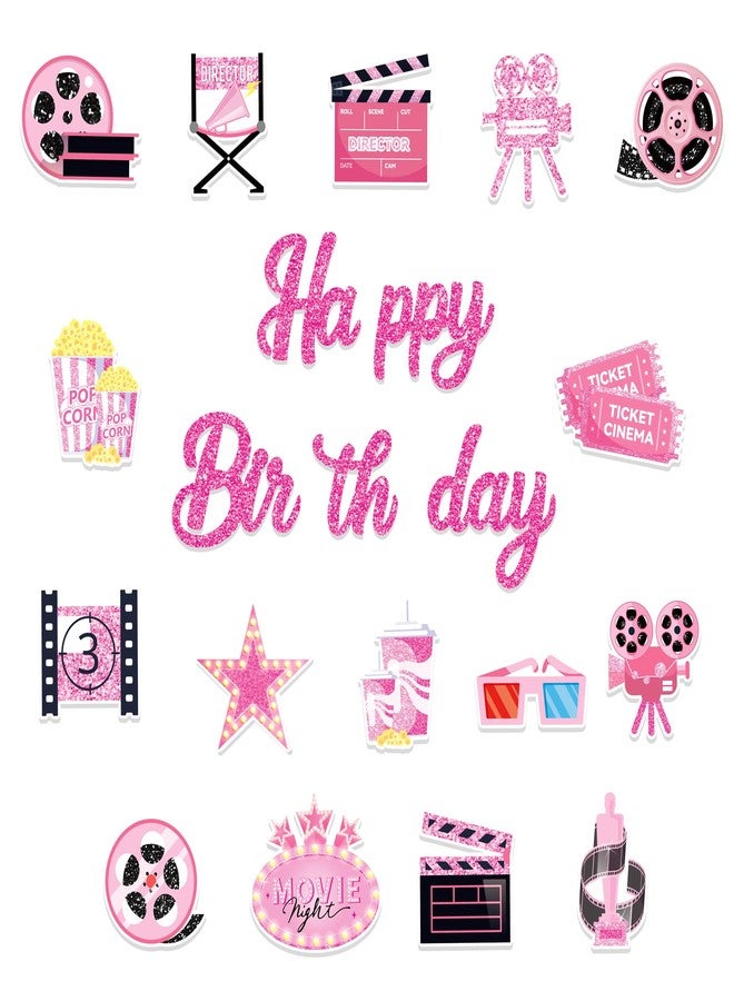 BHNACIER Pink Movie Night Birthday Party Banner Pink Movie Night Party Decorations Popcorn Camera Movies Theater Happy Birthday Banner Film Theme Banners for Baby Shower Film Theater Theme Partys Supplies - Image 4