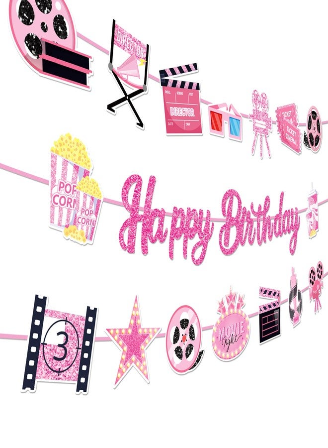 BHNACIER Pink Movie Night Birthday Party Banner Pink Movie Night Party Decorations Popcorn Camera Movies Theater Happy Birthday Banner Film Theme Banners for Baby Shower Film Theater Theme Partys Supplies - Image 1