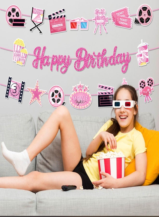 BHNACIER Pink Movie Night Birthday Party Banner Pink Movie Night Party Decorations Popcorn Camera Movies Theater Happy Birthday Banner Film Theme Banners for Baby Shower Film Theater Theme Partys Supplies - Image 5