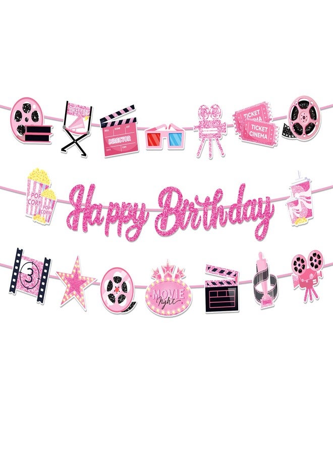 BHNACIER Pink Movie Night Birthday Party Banner Pink Movie Night Party Decorations Popcorn Camera Movies Theater Happy Birthday Banner Film Theme Banners for Baby Shower Film Theater Theme Partys Supplies - Image 2