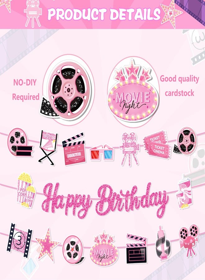 BHNACIER Pink Movie Night Birthday Party Banner Pink Movie Night Party Decorations Popcorn Camera Movies Theater Happy Birthday Banner Film Theme Banners for Baby Shower Film Theater Theme Partys Supplies - Image 3