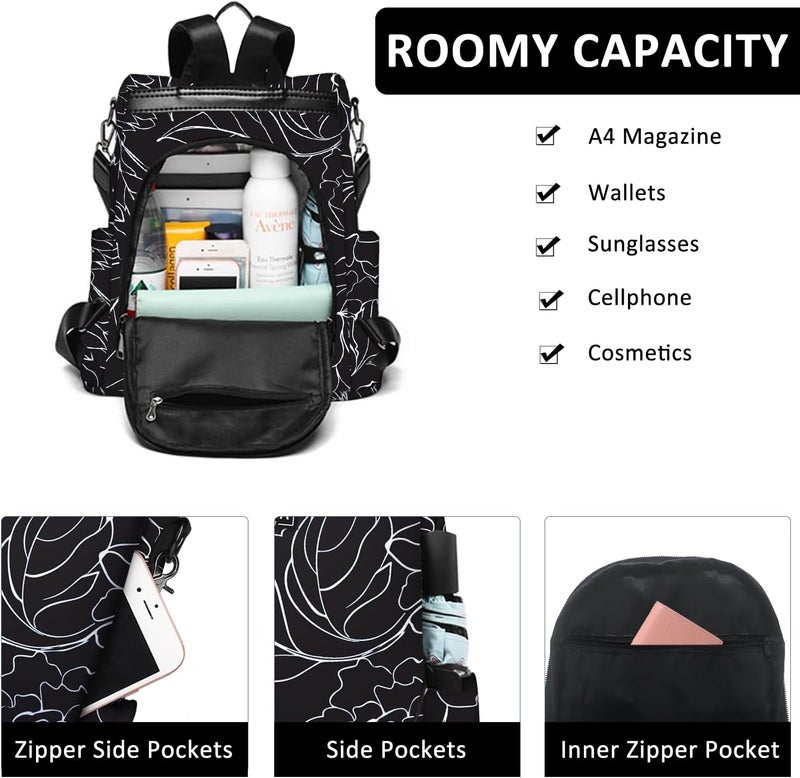 Fmeida Women's Anti-Theft Backpack Purse | Lightweight Travel Daypack for College, Work & Outdoor | Nylon Back pack with Minimalist Floral Design - Image 4