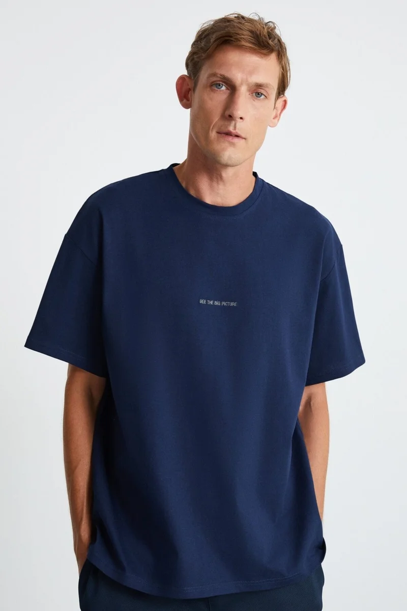 GRIMELANGE River Men's Embroidered Oversize 100% Organic Cotton 3 Thread Knitted Navy Blue T-shirt