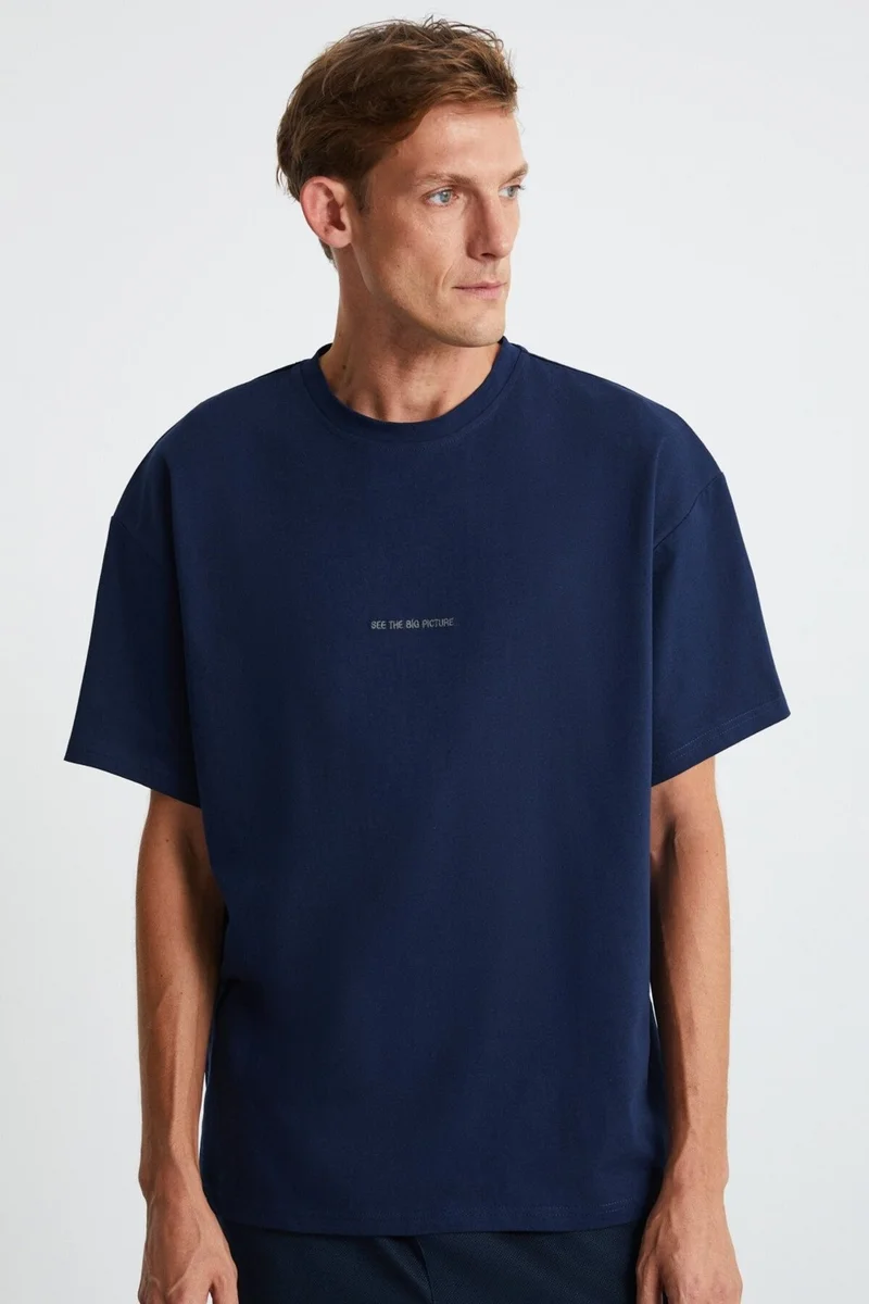 GRIMELANGE River Men's Embroidered Oversize 100% Organic Cotton 3 Thread Knitted Navy Blue T-shirt