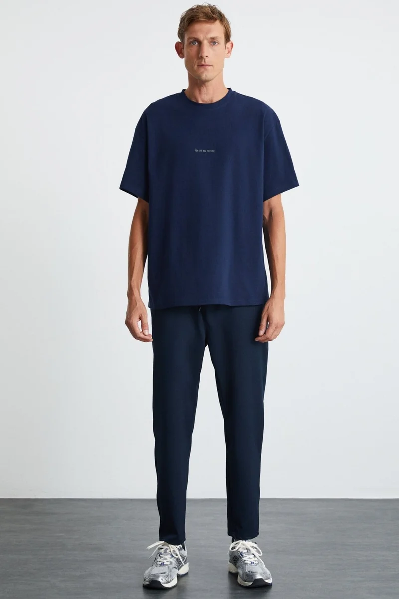 GRIMELANGE River Men's Embroidered Oversize 100% Organic Cotton 3 Thread Knitted Navy Blue T-shirt